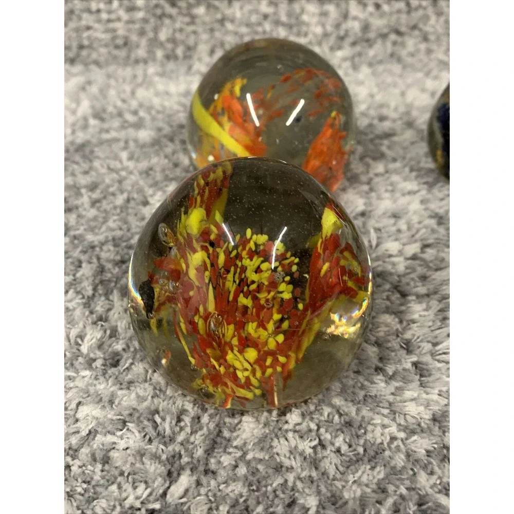 4 Hand Blown Art Glass Paperweight Bubble Sphere Yellow‎ Orange Blue Red